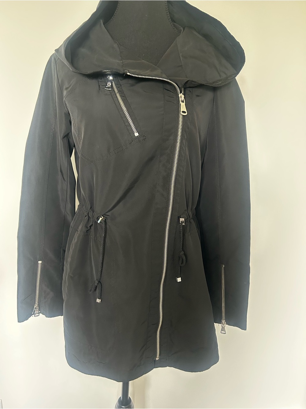 Vince Camuto Black Hooded Zip-Front Trench Coat
